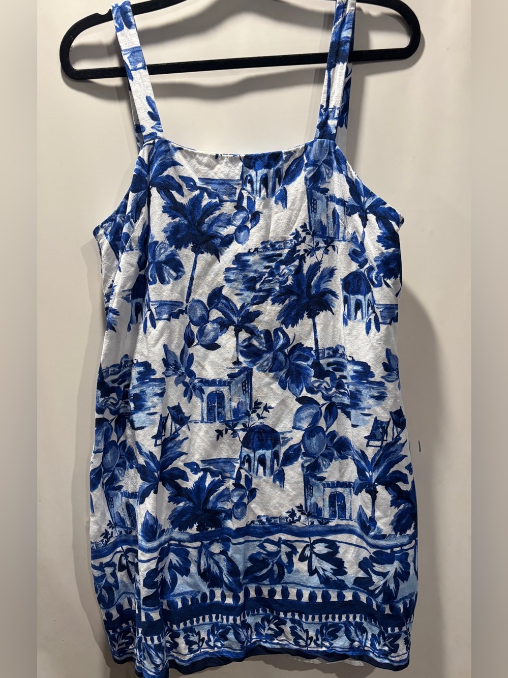 Loft Linen Blend Dress Sz 6
Blue White Palm Sleeveless
Tropical Beach Resort